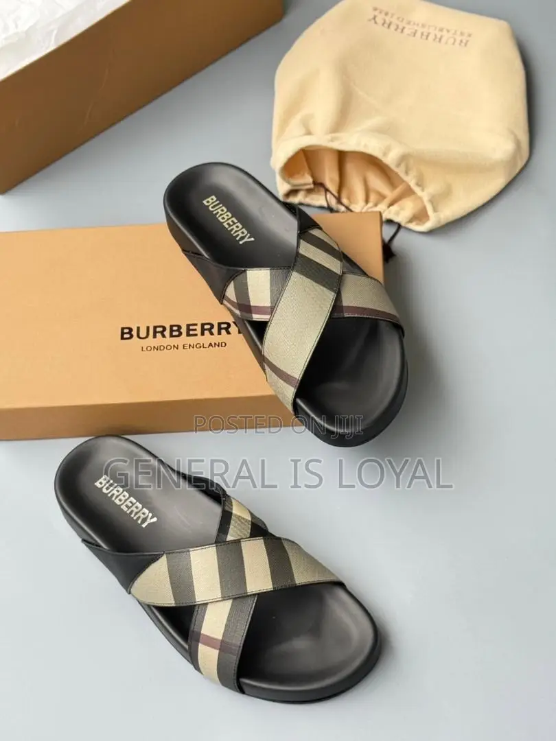 Burberry Check Pavilion Cross Slide Sandals.