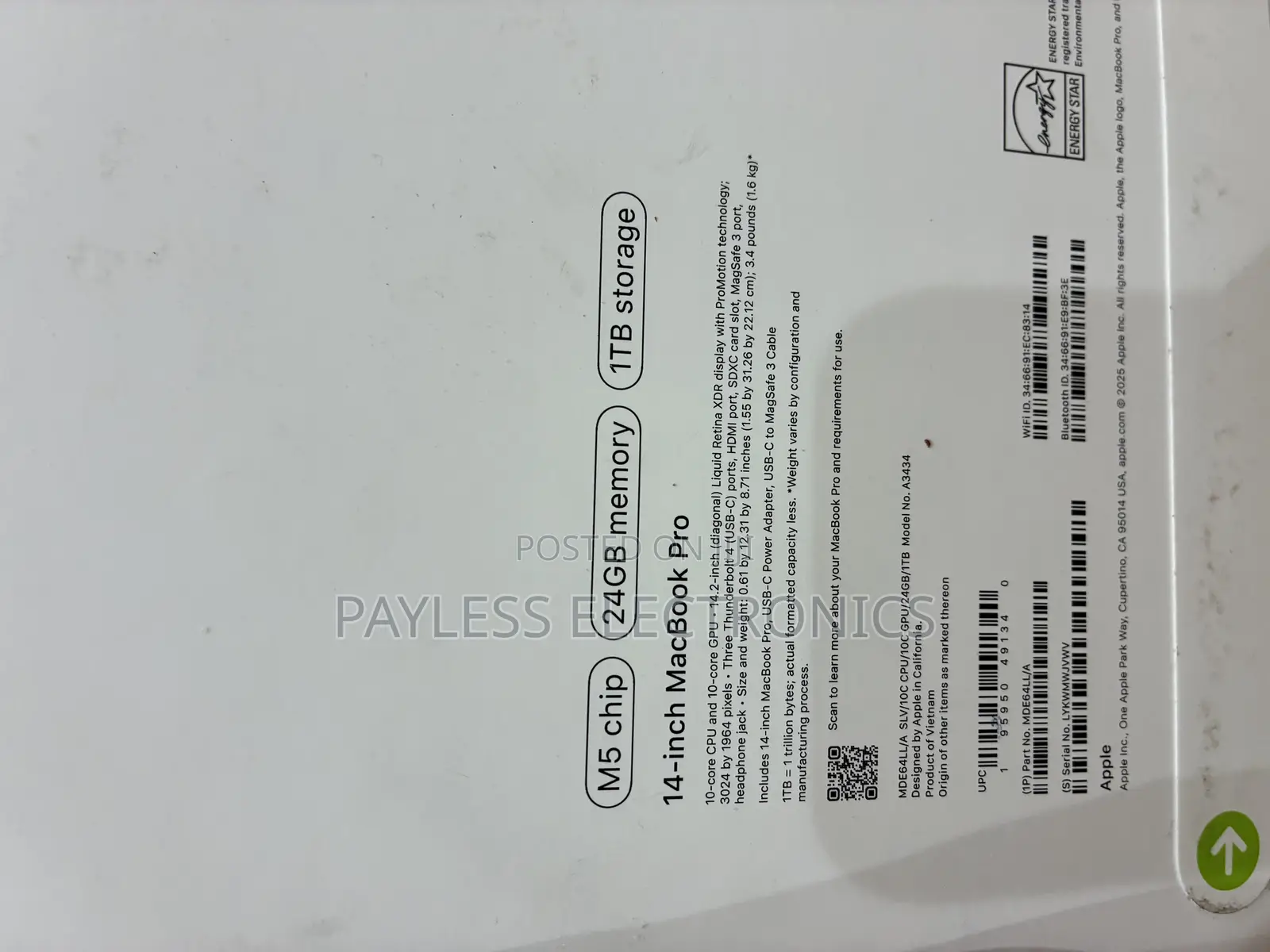 New Laptop Apple MacBook Pro 2025 M5 14-inch 24GB Apple M5 SSD 1T