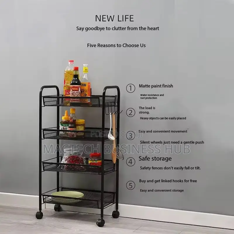5-Tier Matte Metal Rolling Utility Cart