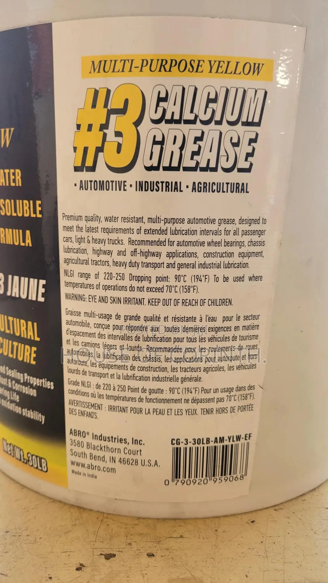 Grease -Abro Calcium Grease H3, Yellow 30lb Bucket, 30lb (14kg)