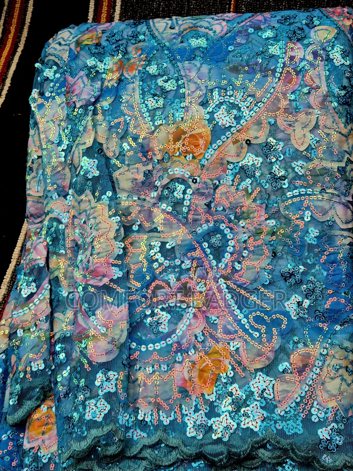 Light Blue Lace With Sequin and Shimmering Effect of Pink and Purple