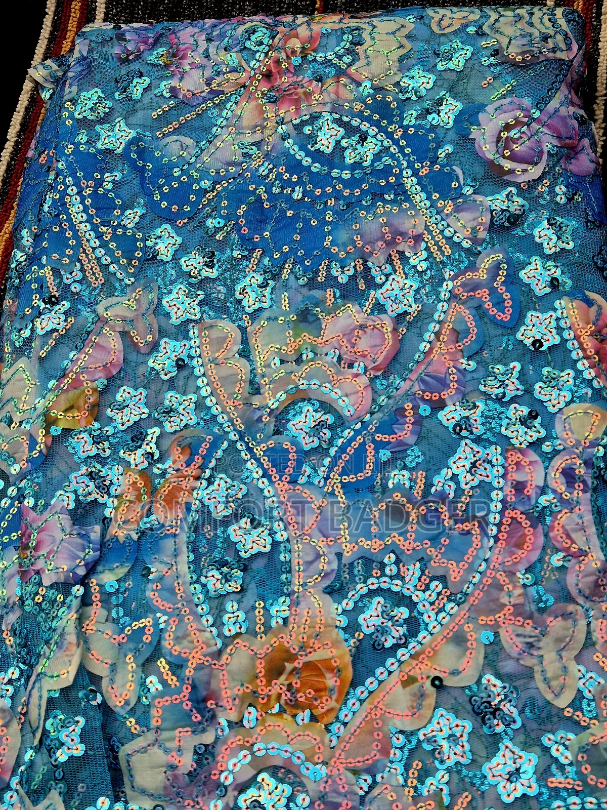 Light Blue Lace With Sequin and Shimmering Effect of Pink and Purple