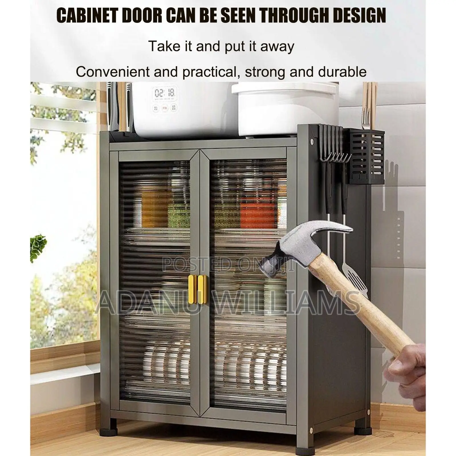 3-Tiers Countertop Kitchen Storage Cabinet With Tempered Glass Door
