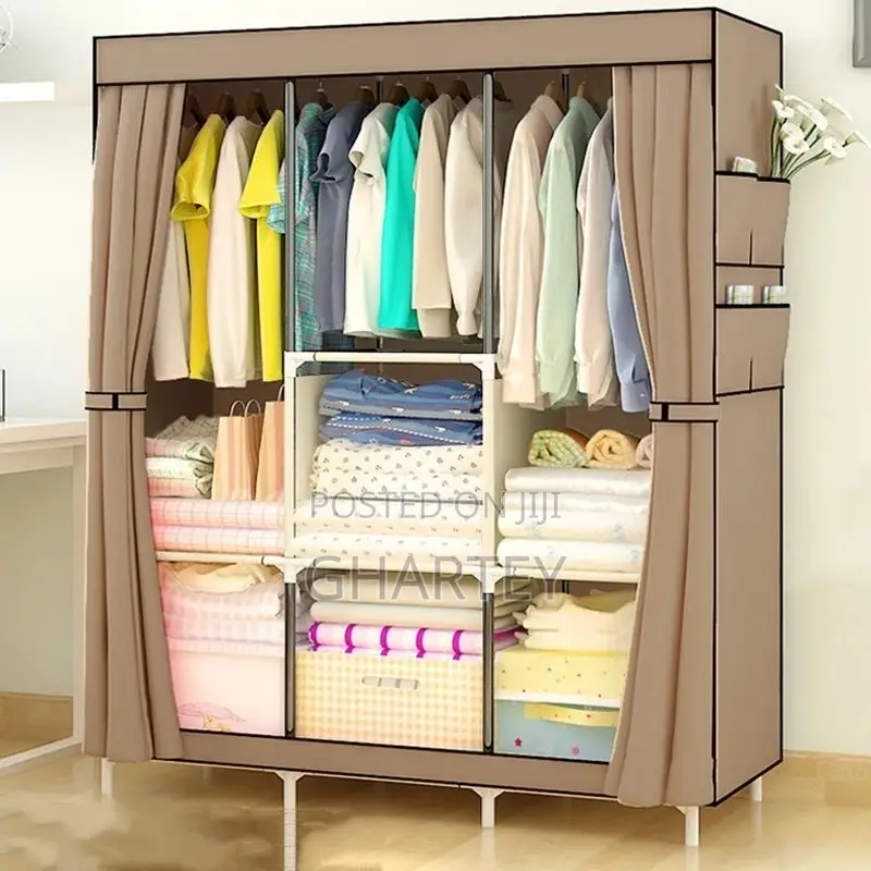 Foldable 3 Column Material Wardrobe - Brown