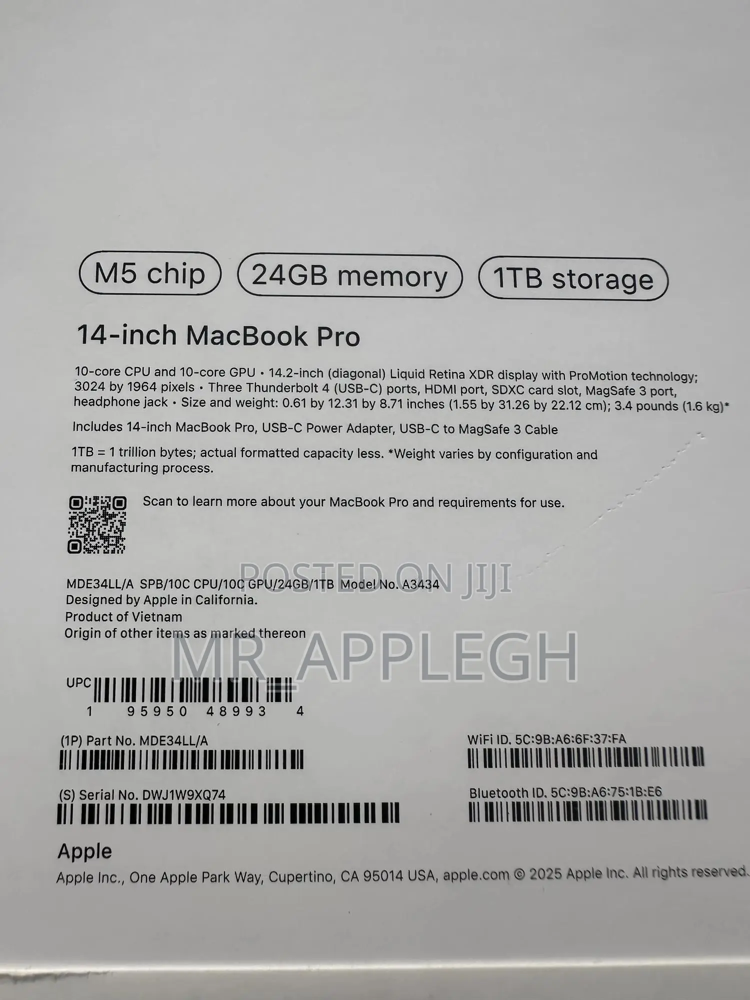 New Laptop Apple MacBook Pro 2025 M5 24GB Apple M5 SSD 1T