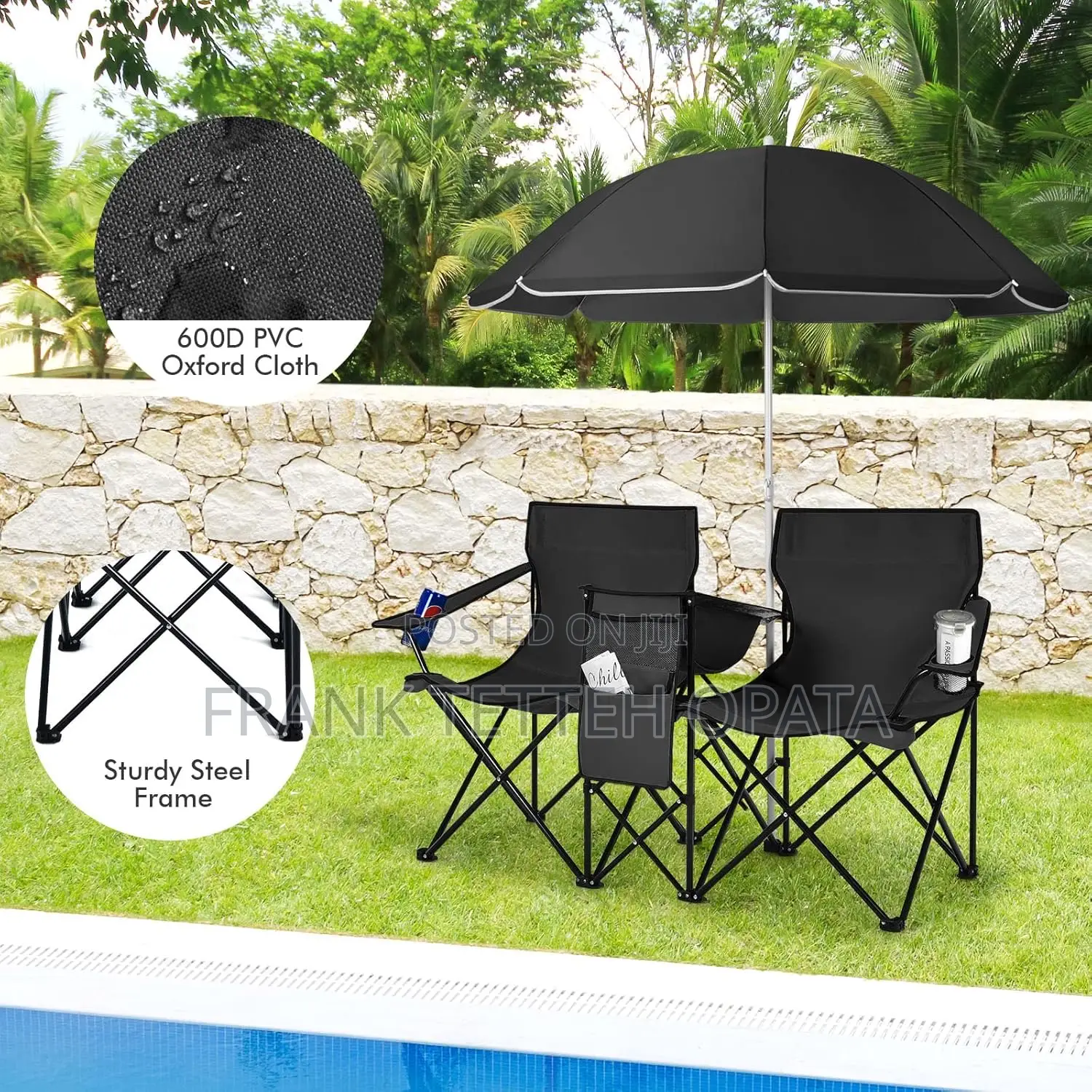 Double Beach Chairs With Umbrella With Cooler Bag Table Cupholders