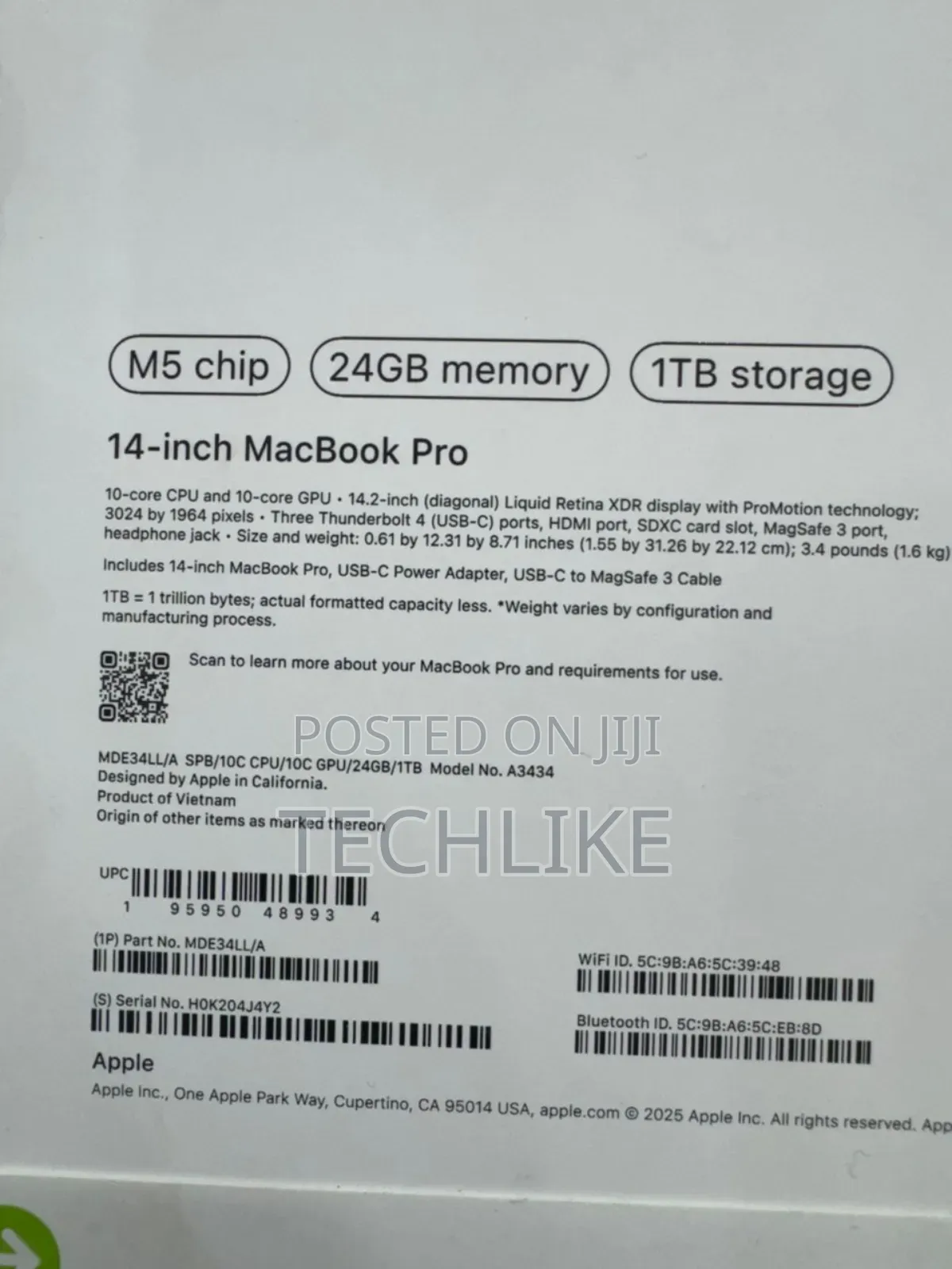 New Laptop Apple MacBook Pro 2025 M5 24GB Apple M5 SSD 1T