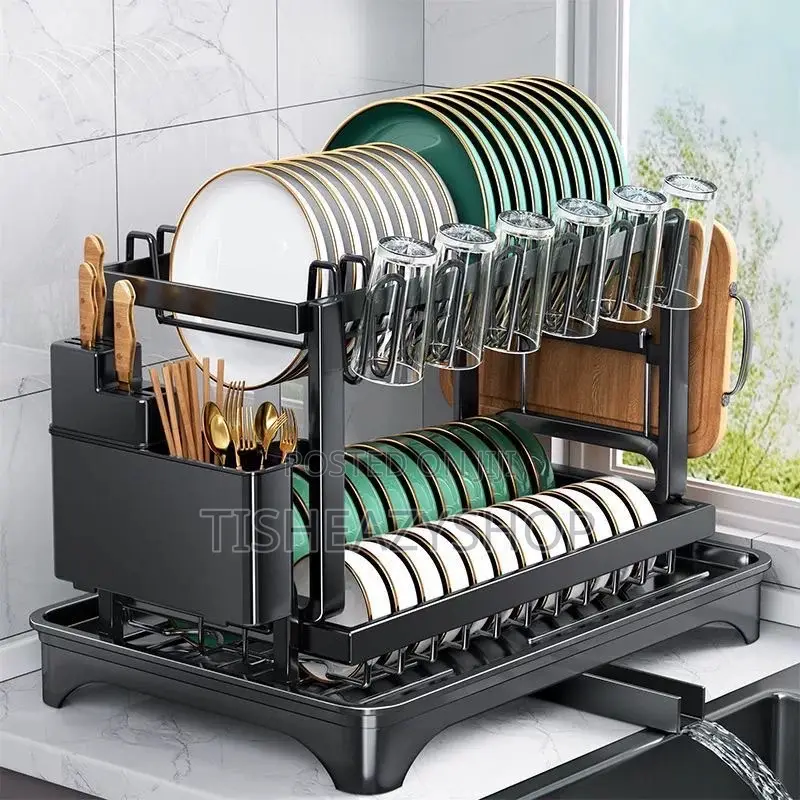 2-Tier Cutlery Drawer, Dish Rack + Cup Holder (Stainless Steel)