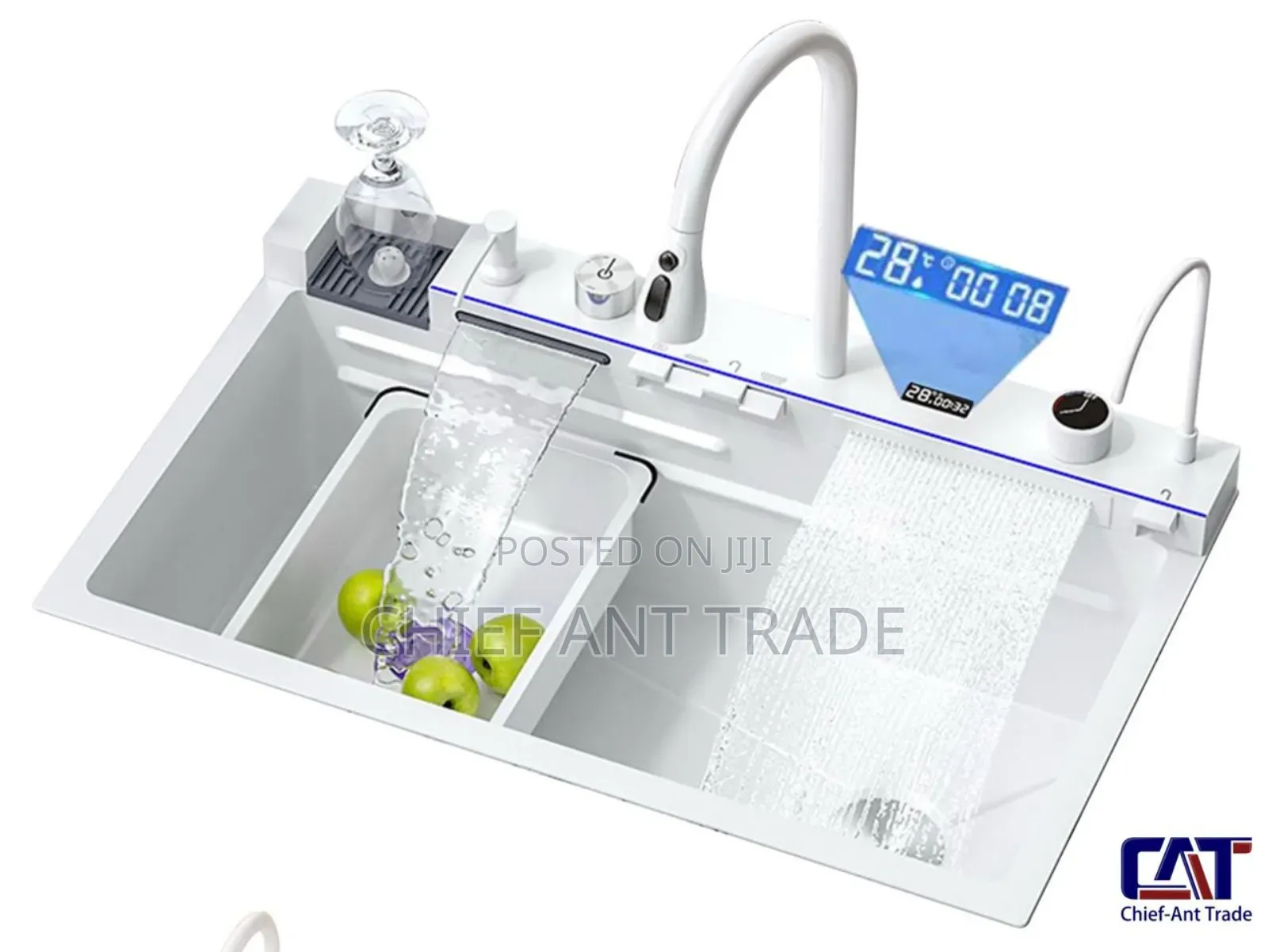 White Digital Luxury Waterfall Kitchen Sink