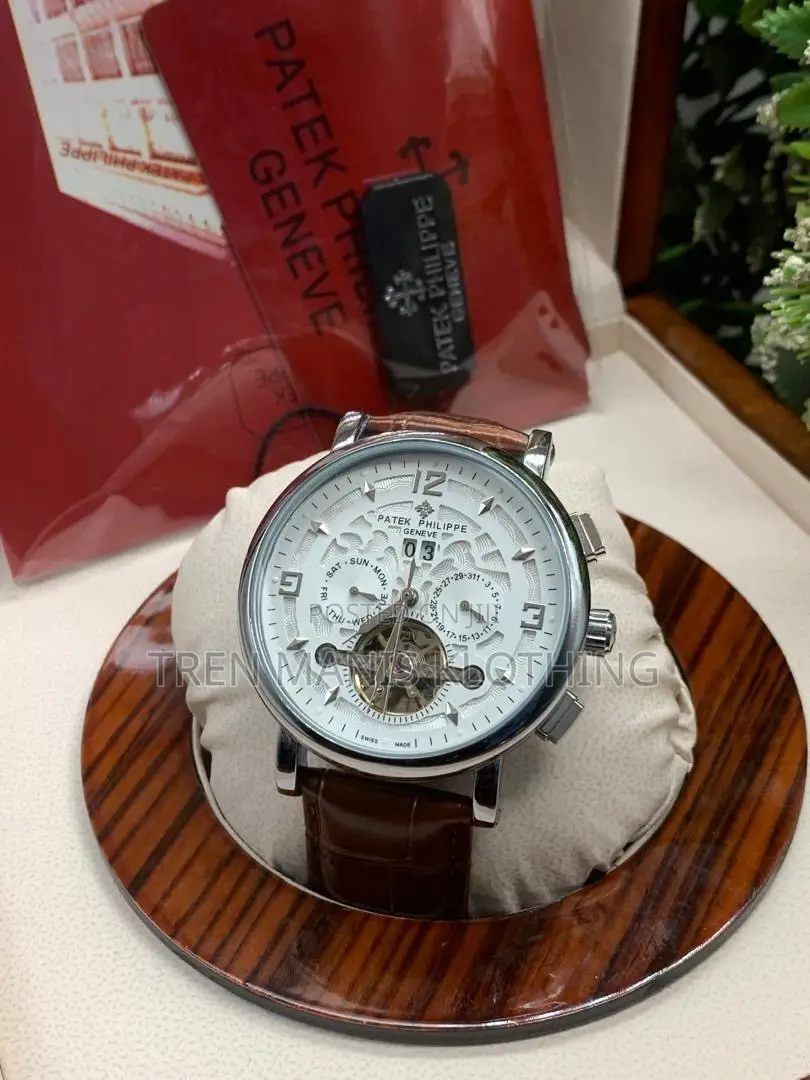 Silver Brown Leather Automatic Patek Philippe Watch With White Surface