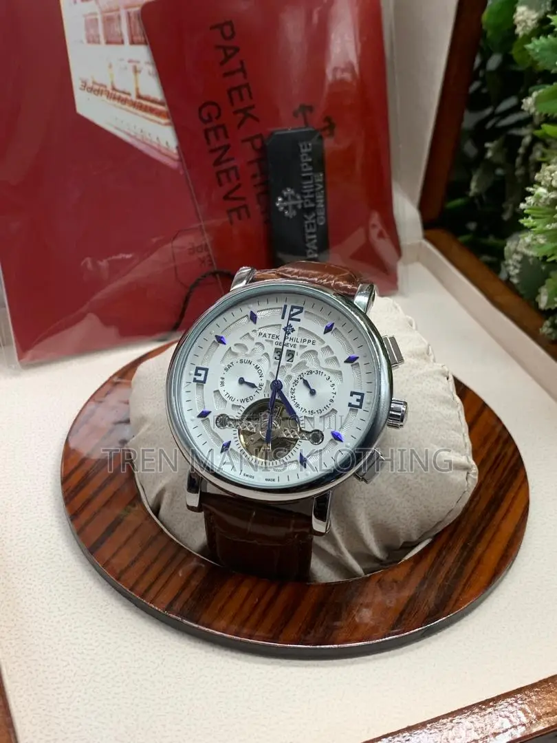 Silver Brown Leather Automatic Patek Philippe Watch With White Surface