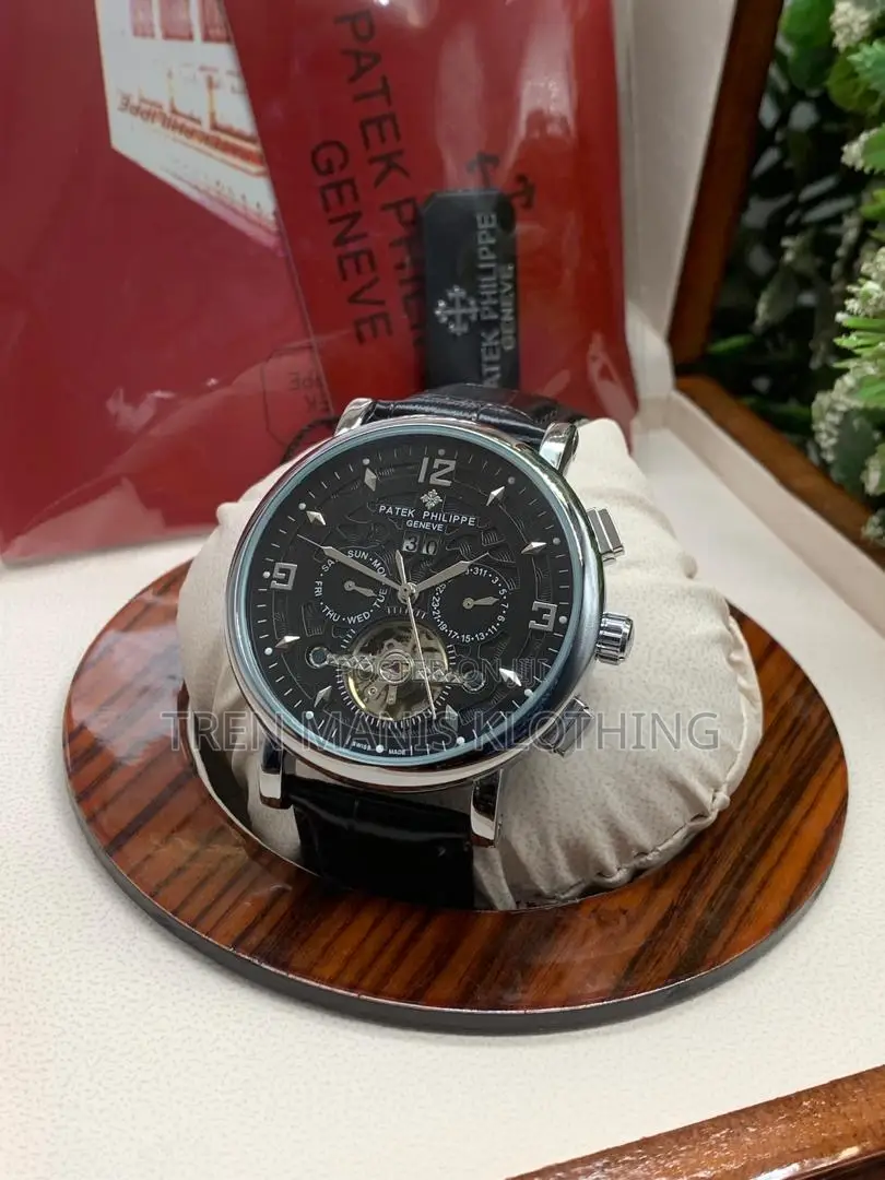 Black Leather Patek Philippe Automatic Watch With Black/White Surface