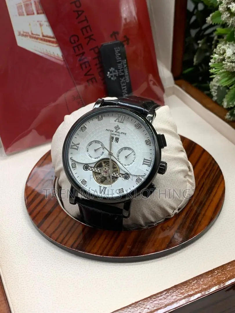 Black Leather Patek Philippe Automatic Watch With Black/White Surface