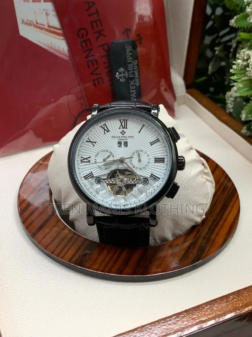 Black Leather Patek Philippe Automatic Watch With Black/White Surface
