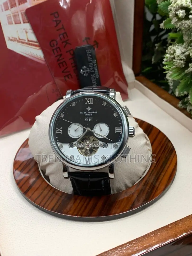 Black Leather Patek Philippe Automatic Watch With Black/White Surface