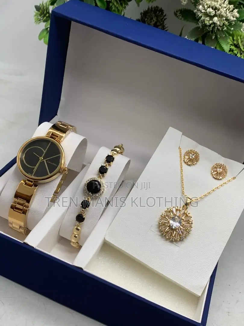 Calvin Klein Gold Watch With Necklace, Bracelet, Earrings,