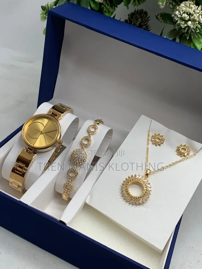 Calvin Klein Gold Watch With Necklace, Bracelet, Earrings,