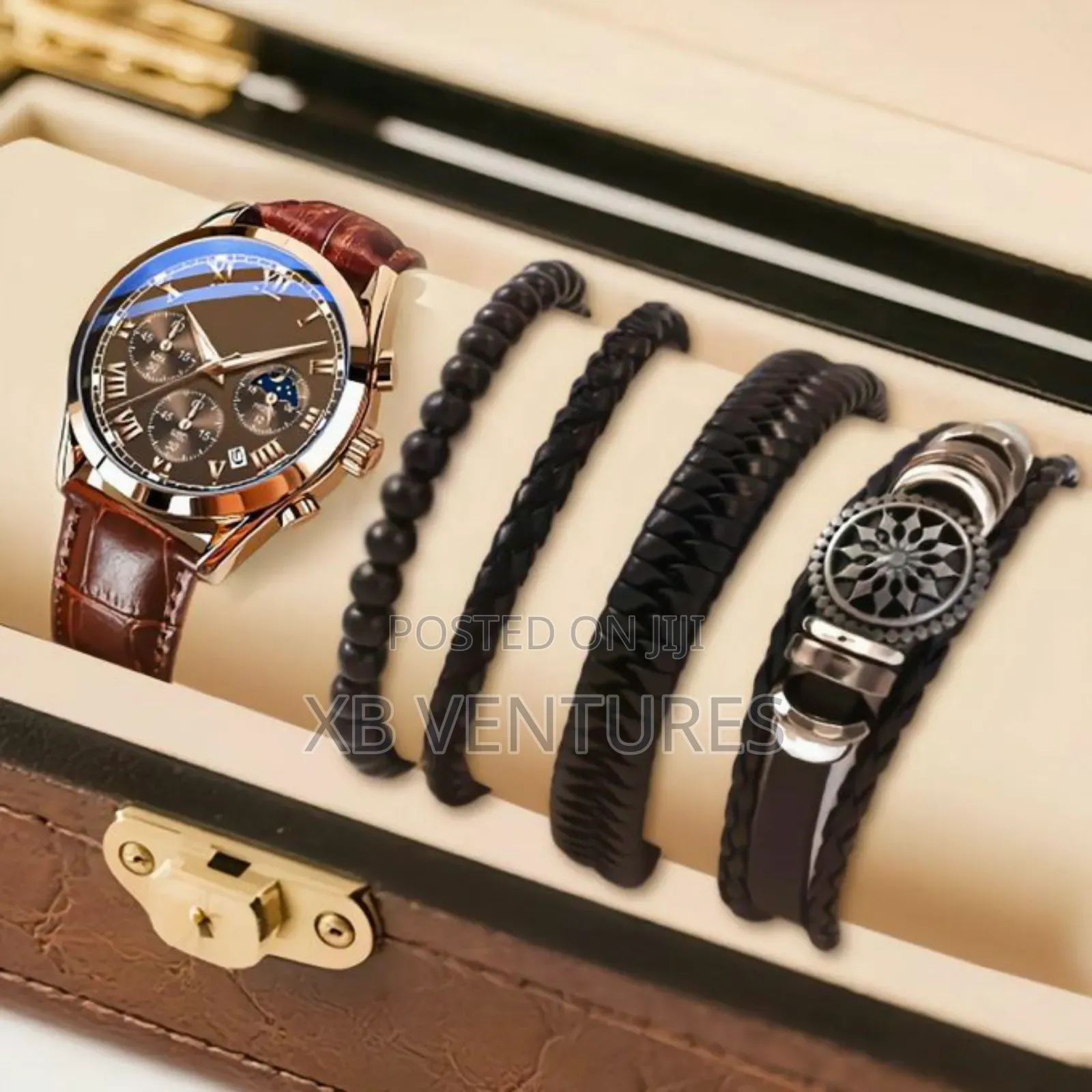 Leather Strap Watch + Leather Bracelet Set for Stylish Men