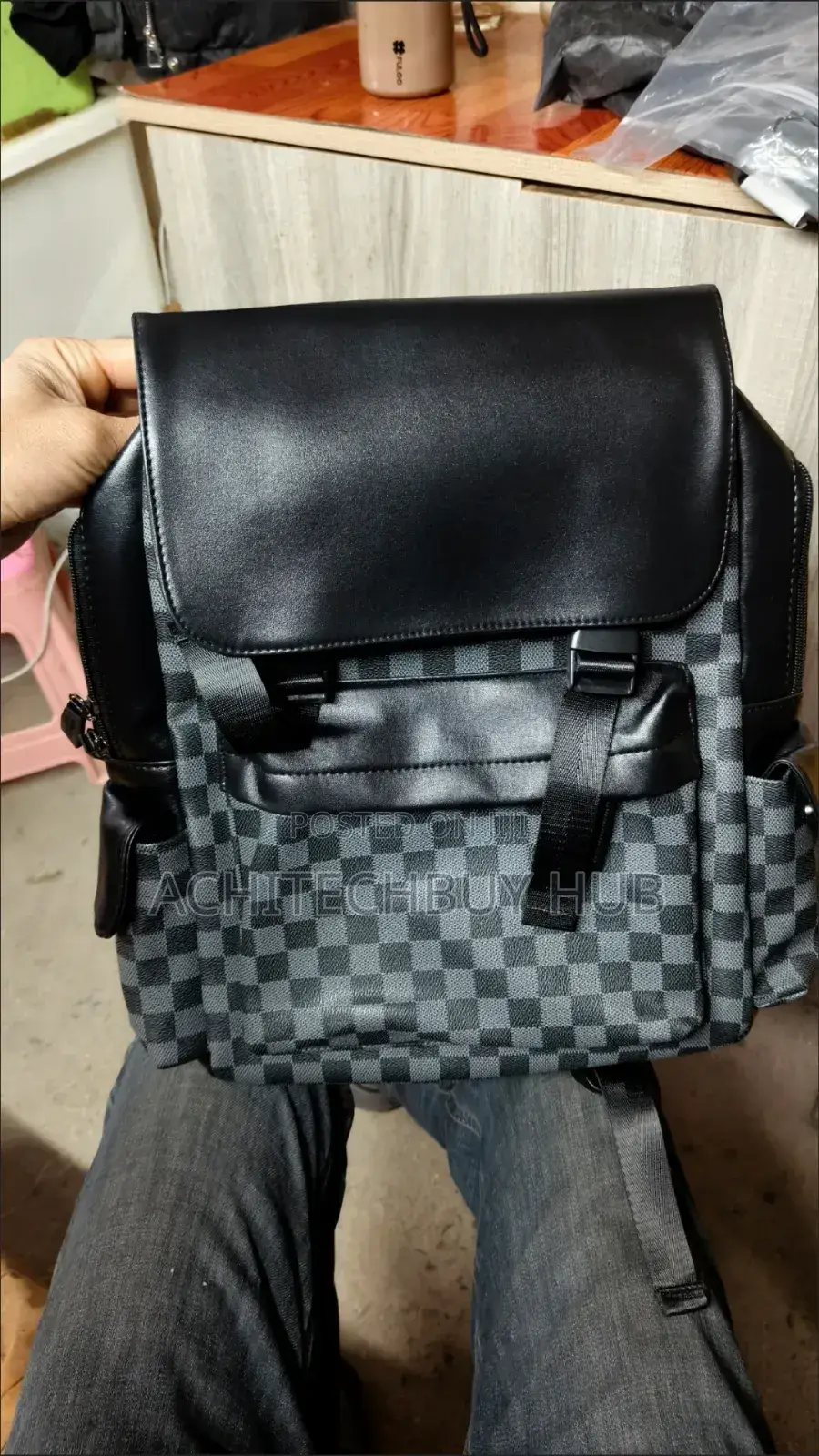 Men’S Faux Leather Flap-top Backpack (Monogram Design)