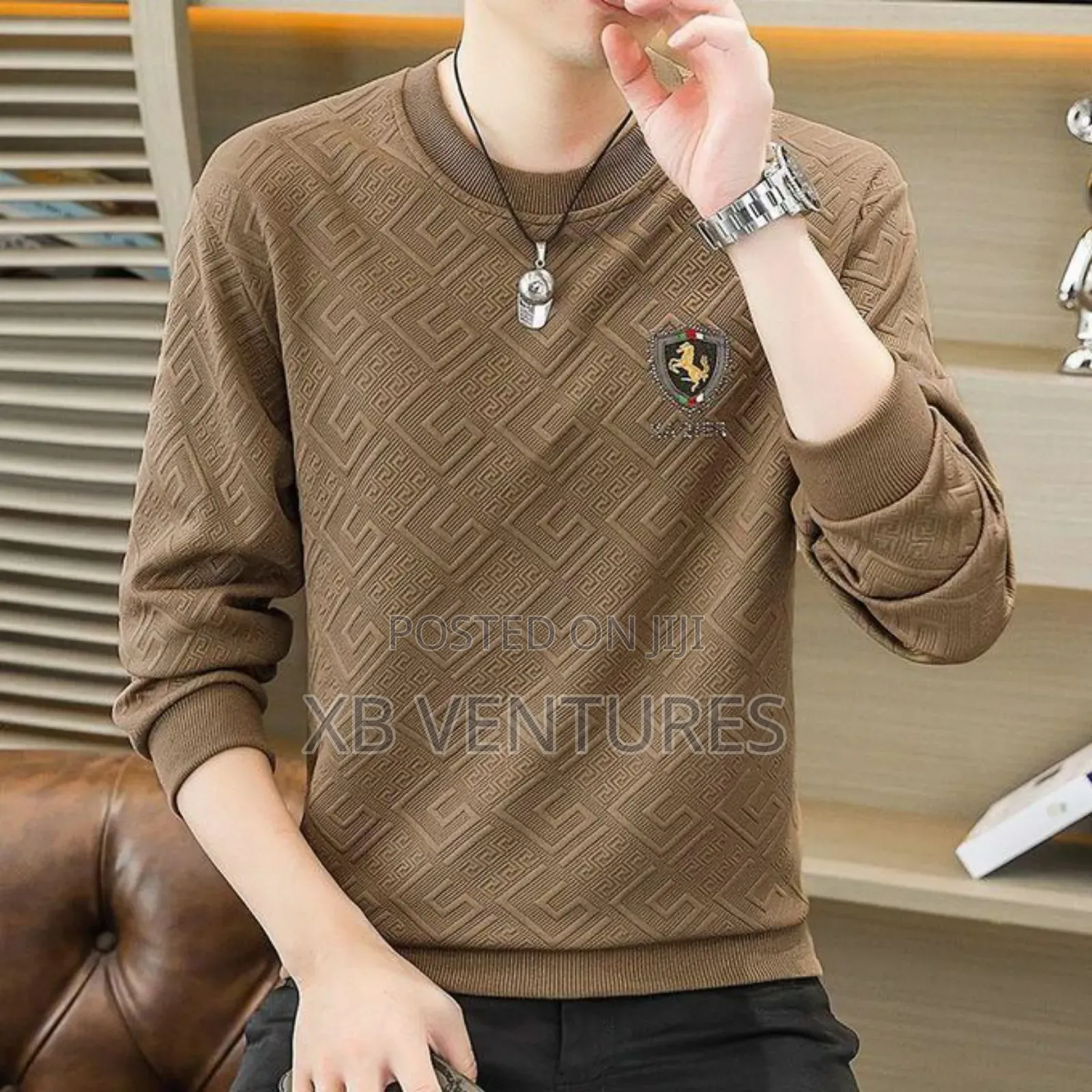 Comfy Unique Weave Design Long Sleeve T-Shirt,
-Khak