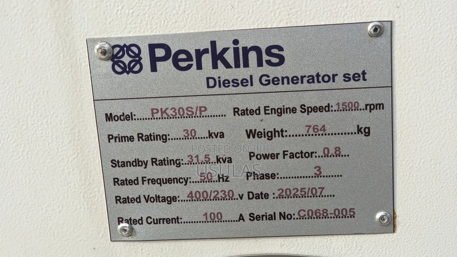 White 30kva Perkins Generator