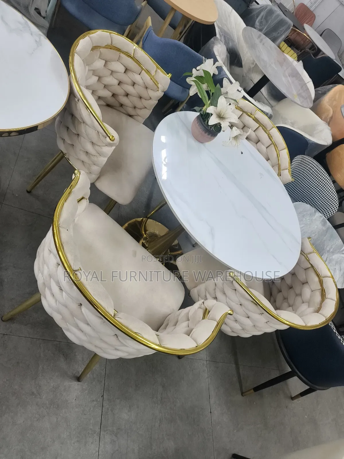 Hand-Woven Velvet Chairs and a Round Marble-Topped Table. T