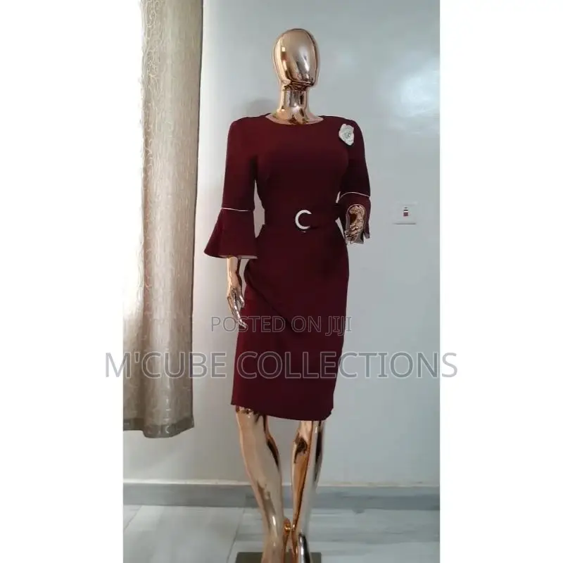 Burgundy Bell Sleeve Belted Dress