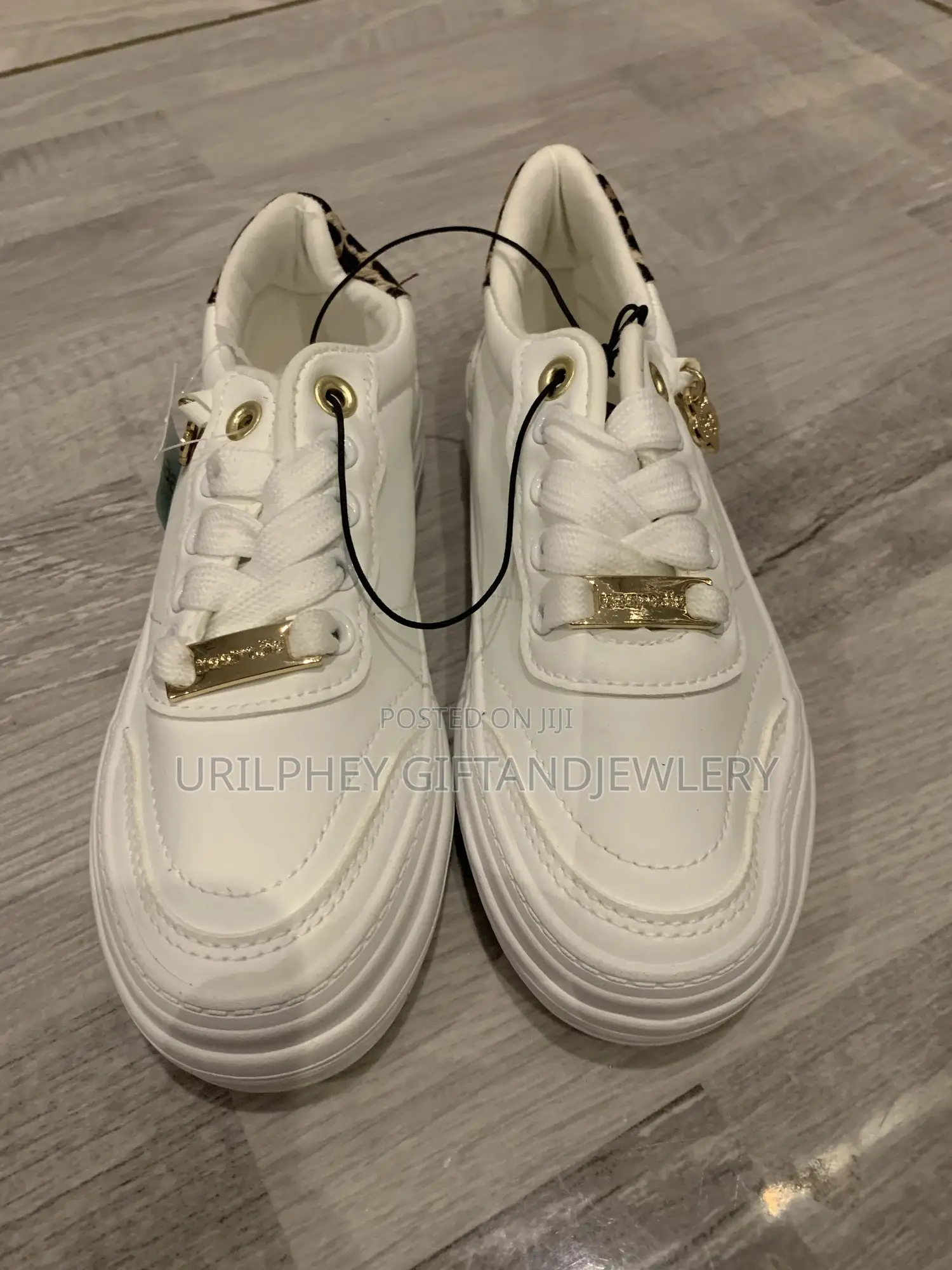 White Glam Platform Kid Sneakers With Leopard Print Heel Gold Detail