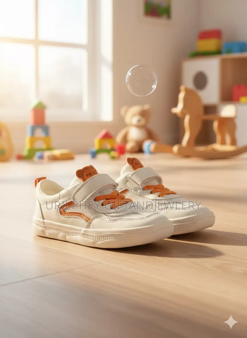 Toddler Cream Orange Teddy Bear Sneakers – Easy-Strap Athletic Shoes