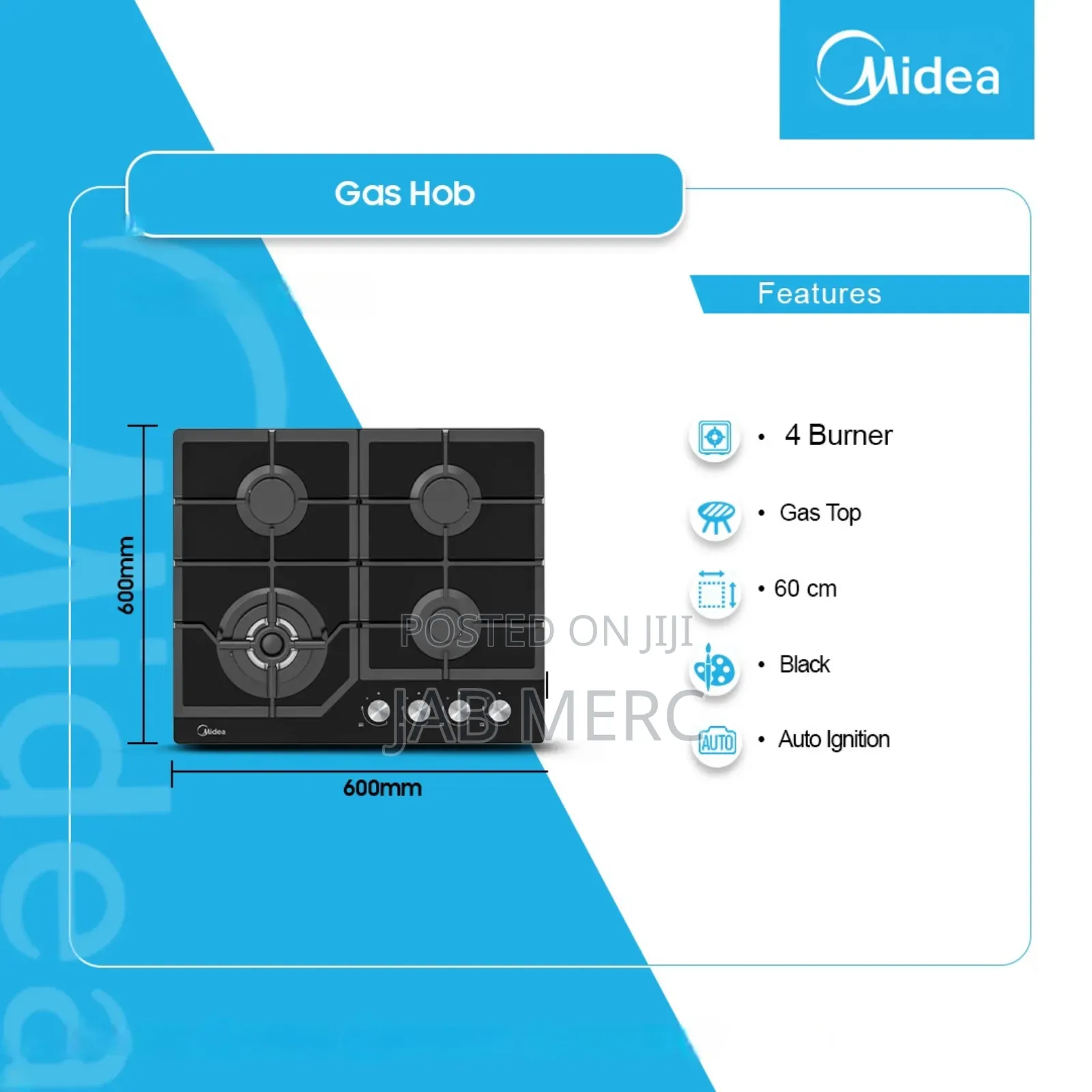 Glass Top 60cm Midea Gas Hob 4 Burner Original Quality With Warranty