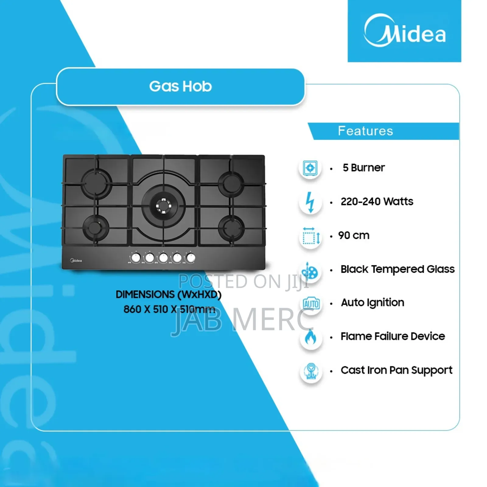 90cm Midea Gas Hob 5 Burner Glass Surface Originalqualitywithwarranty