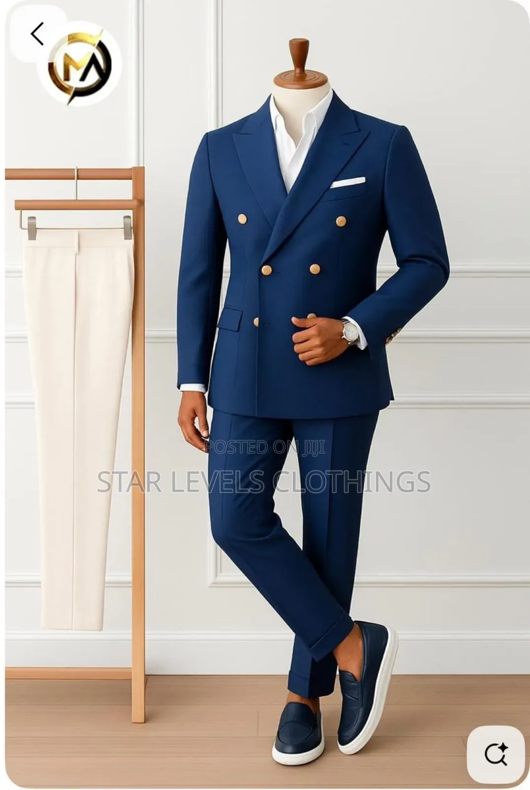 Black and Blue Black Double Breasted Suit for Men