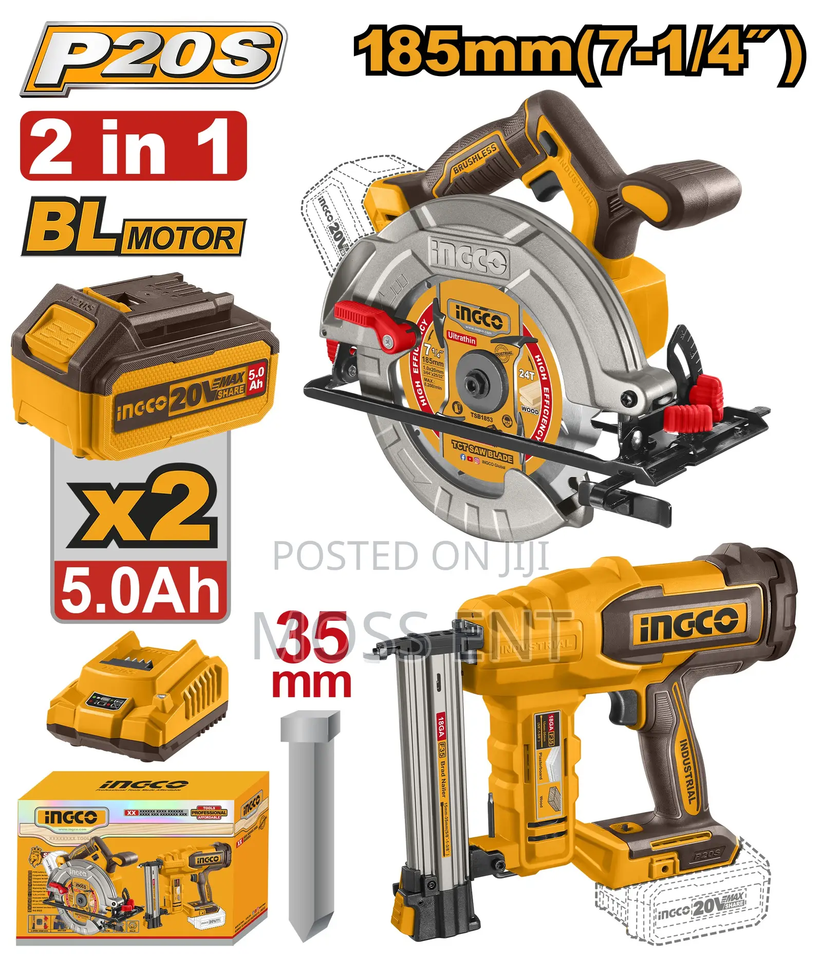 Cordless 20v Circular Saw 7.25" + Brad Nailer 35mm + 2 B - Cosli240866
