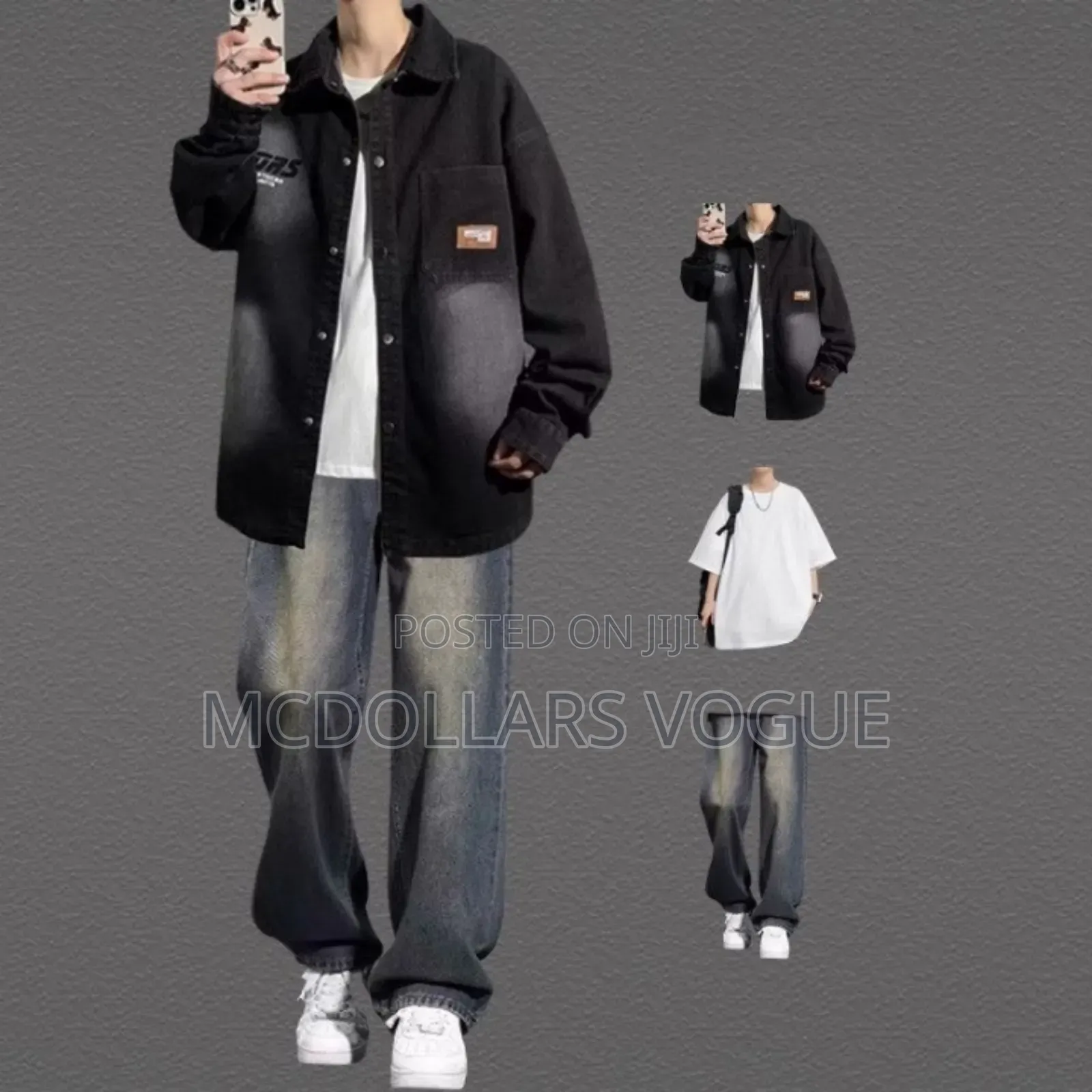 Men Buggy Jeans + T Shirt + Jacket ( 3 in 1)
