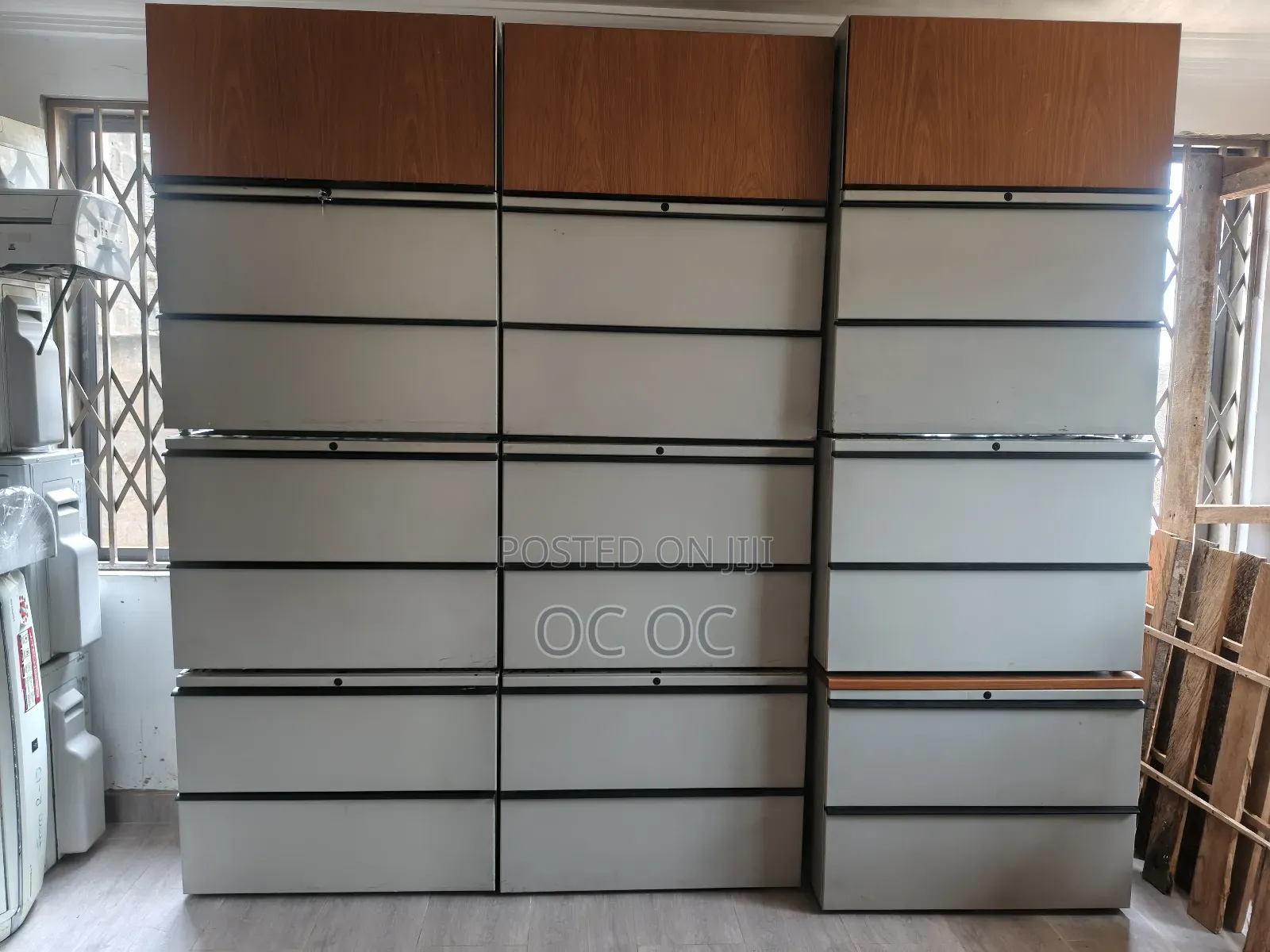 Office Desk and Metal Cabinet