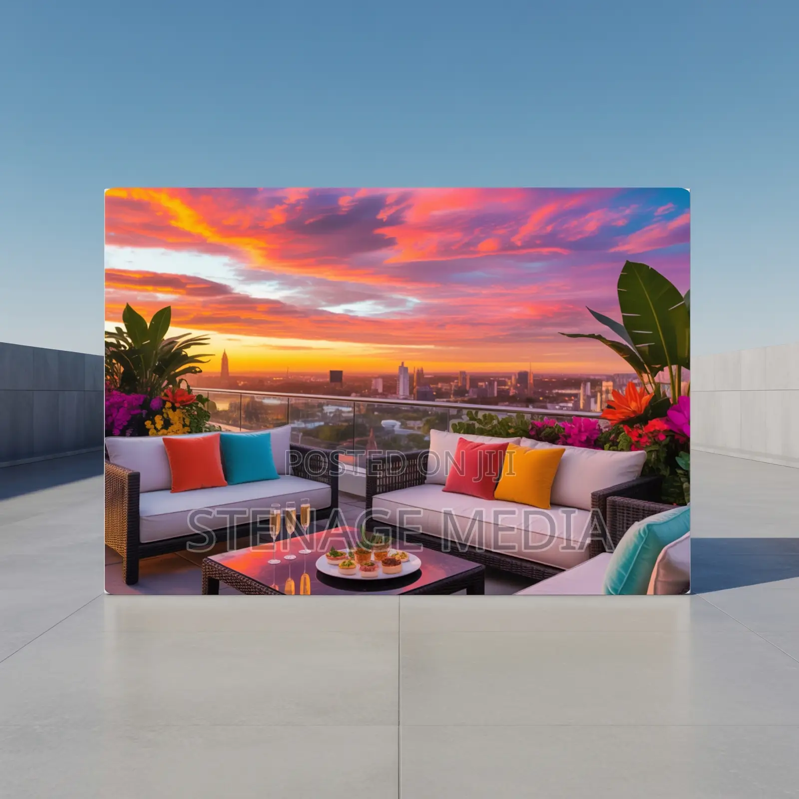 Penthouse Terrace Sunset City Skyline Luxury Canvas Frame Wall Art