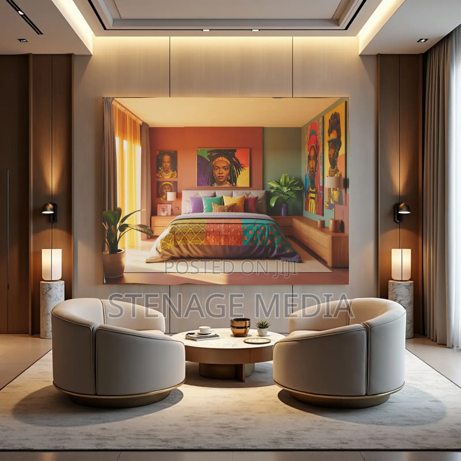 Elegant Earth Tone Bedroom Luxury Interior Canvas Frame Wall Art Print