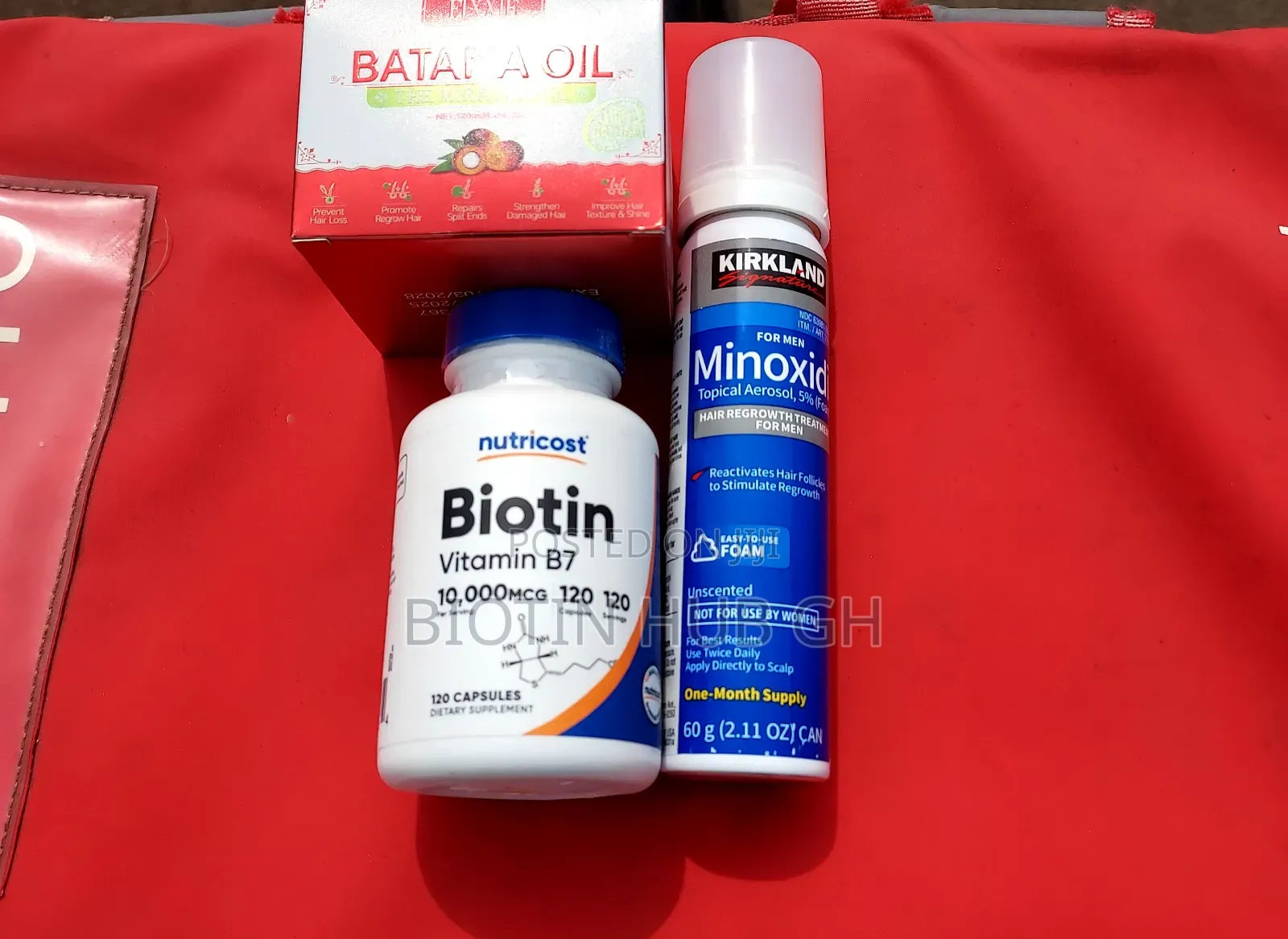 Kirkland Minoxidil Aerosol, Nutricost Biotin and Batana Oil