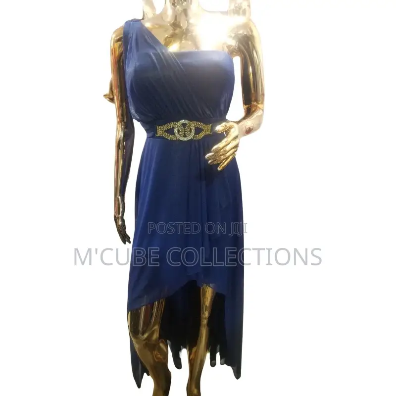 Navy One-Shoulder Belted Dress