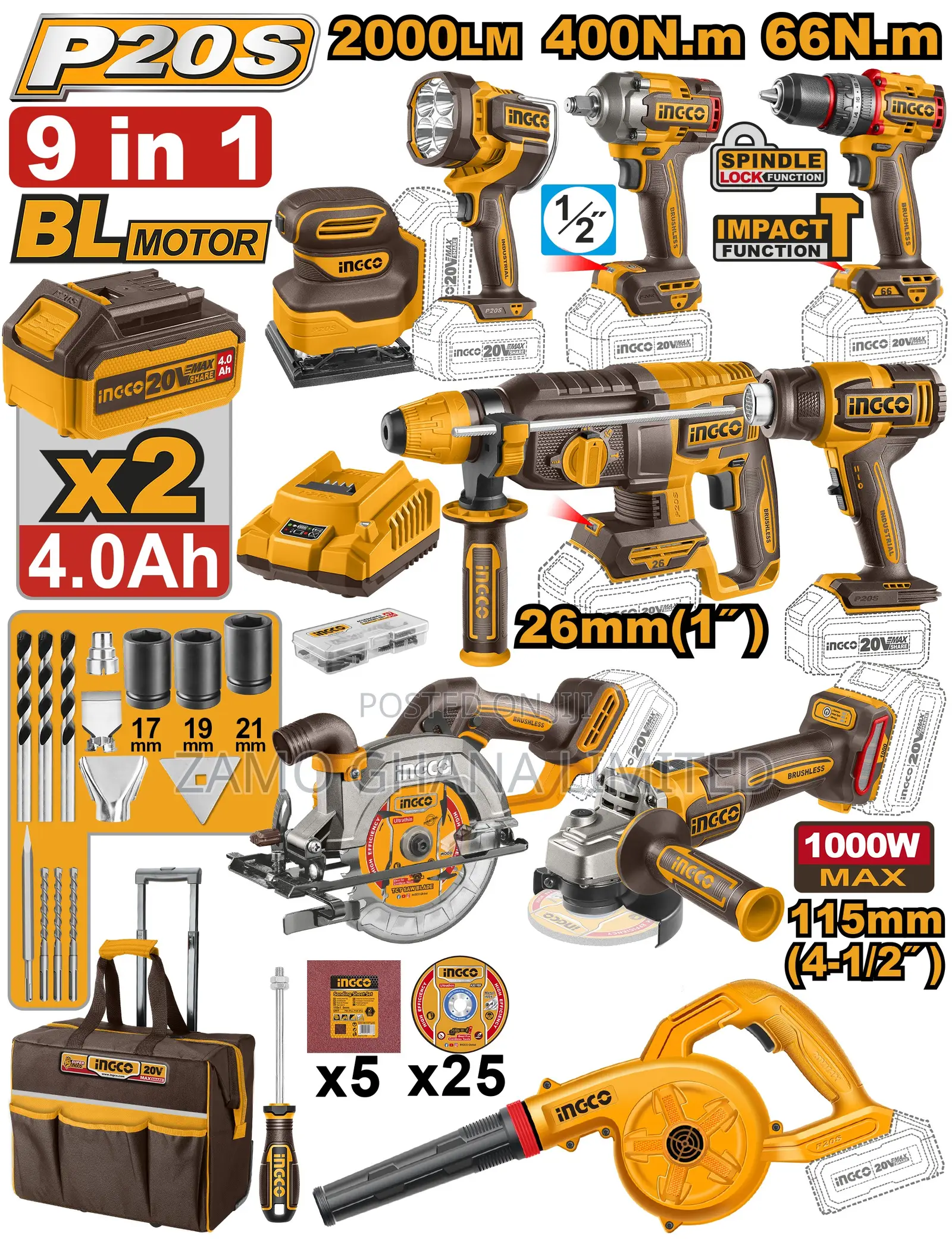 9 PCS Cordless Industrial Combo Kit 20v - Cosli250381