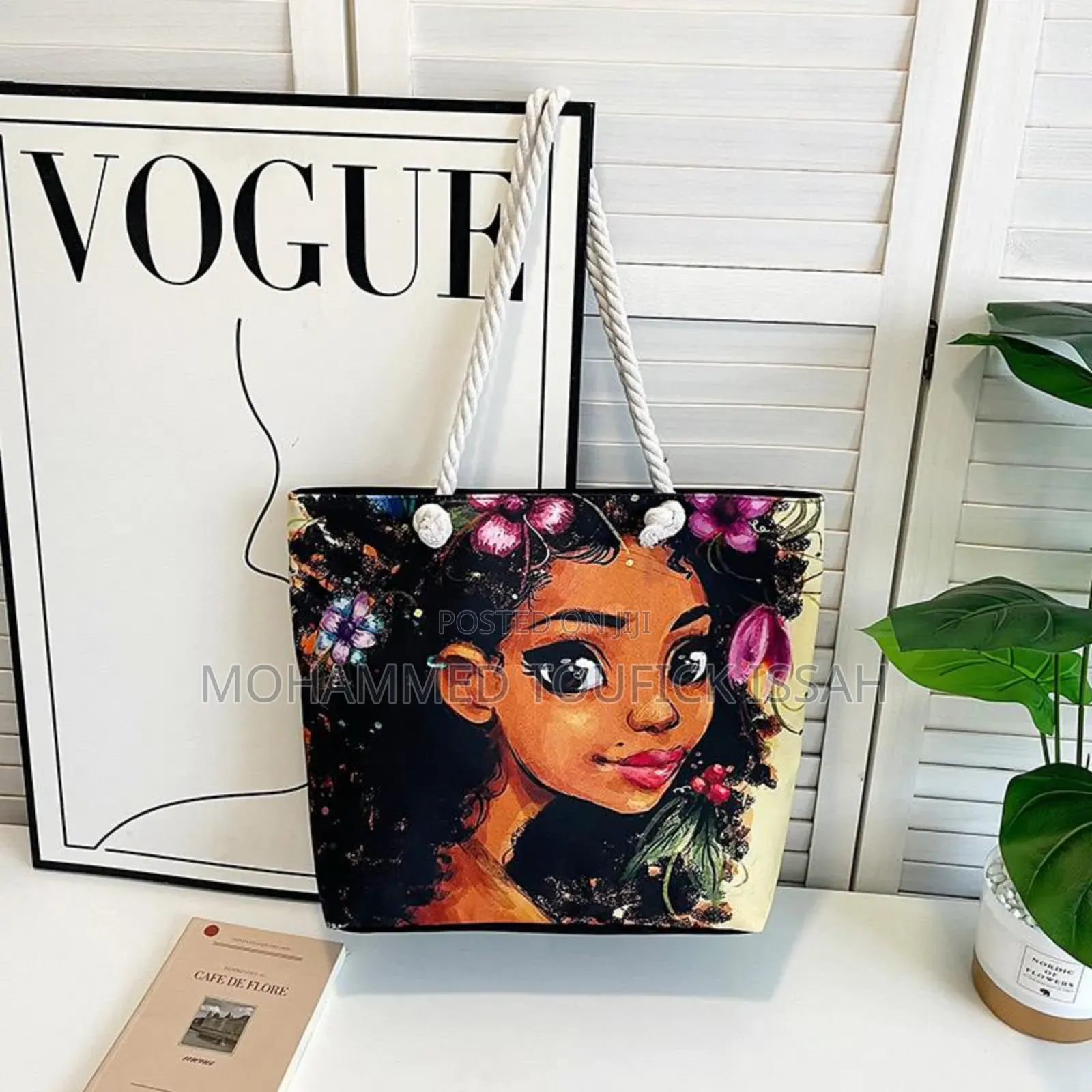 Versatile Retro Canvas Bag With Cartoon Print Large Capacity for Beach