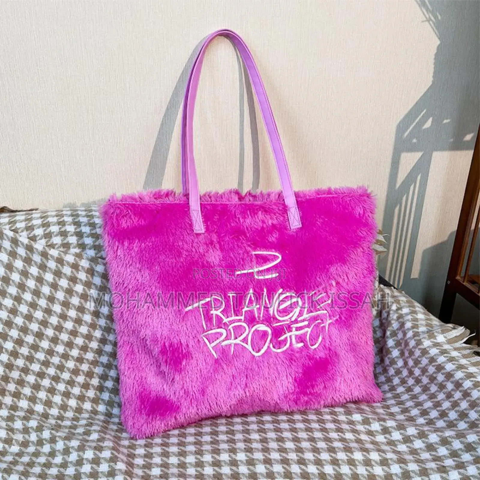 Fashion Handbag, Tote Bag, Pink Embroidered Plush Crossbody Large Bag