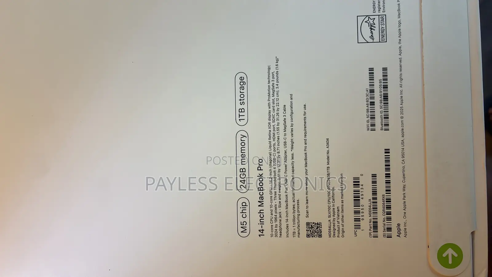 New Laptop Apple Macbook Pro 2025 M5 14-inch 24GB Apple M5 SSD 1T