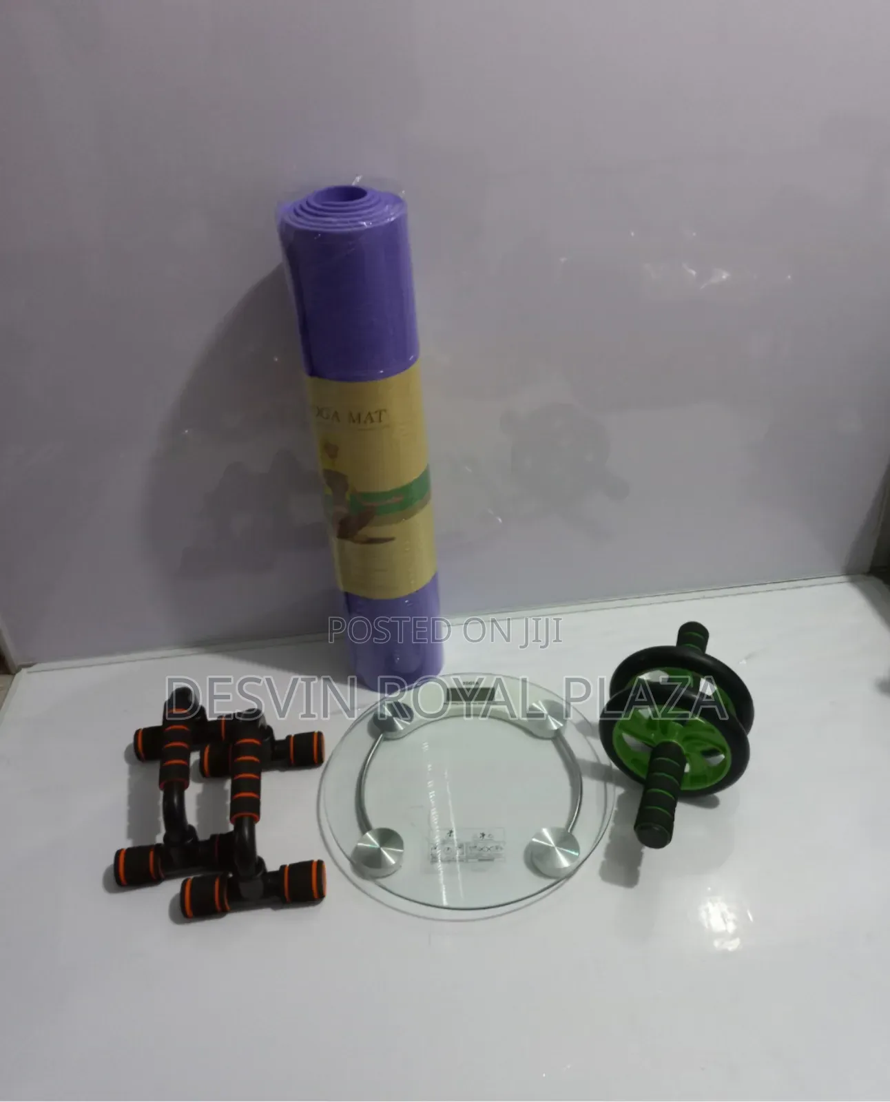 Yoga Mat + Ab Wheel Roller + Push Up Bar + Digital Weighing Scale
