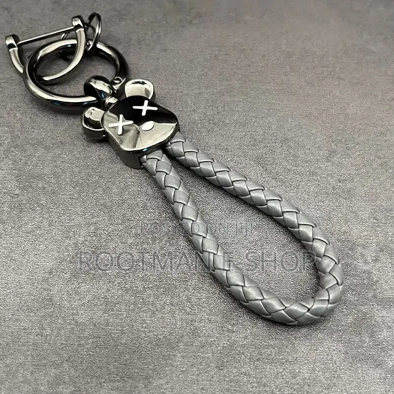 Braided Leather Keychain With a Teddy Bear Head for Car and Bag Keys