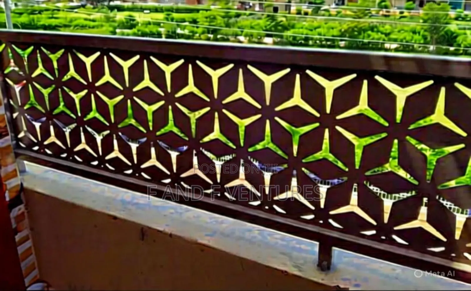 Laser‐Cut Steel Balcony Panel – Repeating Three‐Armed Star Pattern