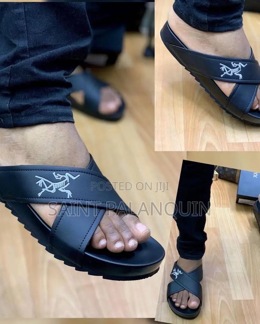 Black Leather Cross Strap Slippers