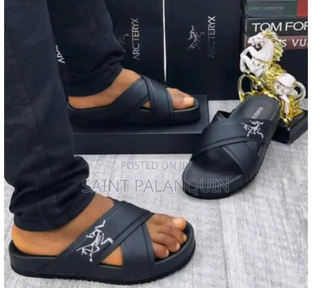 Black Leather Cross Strap Slippers