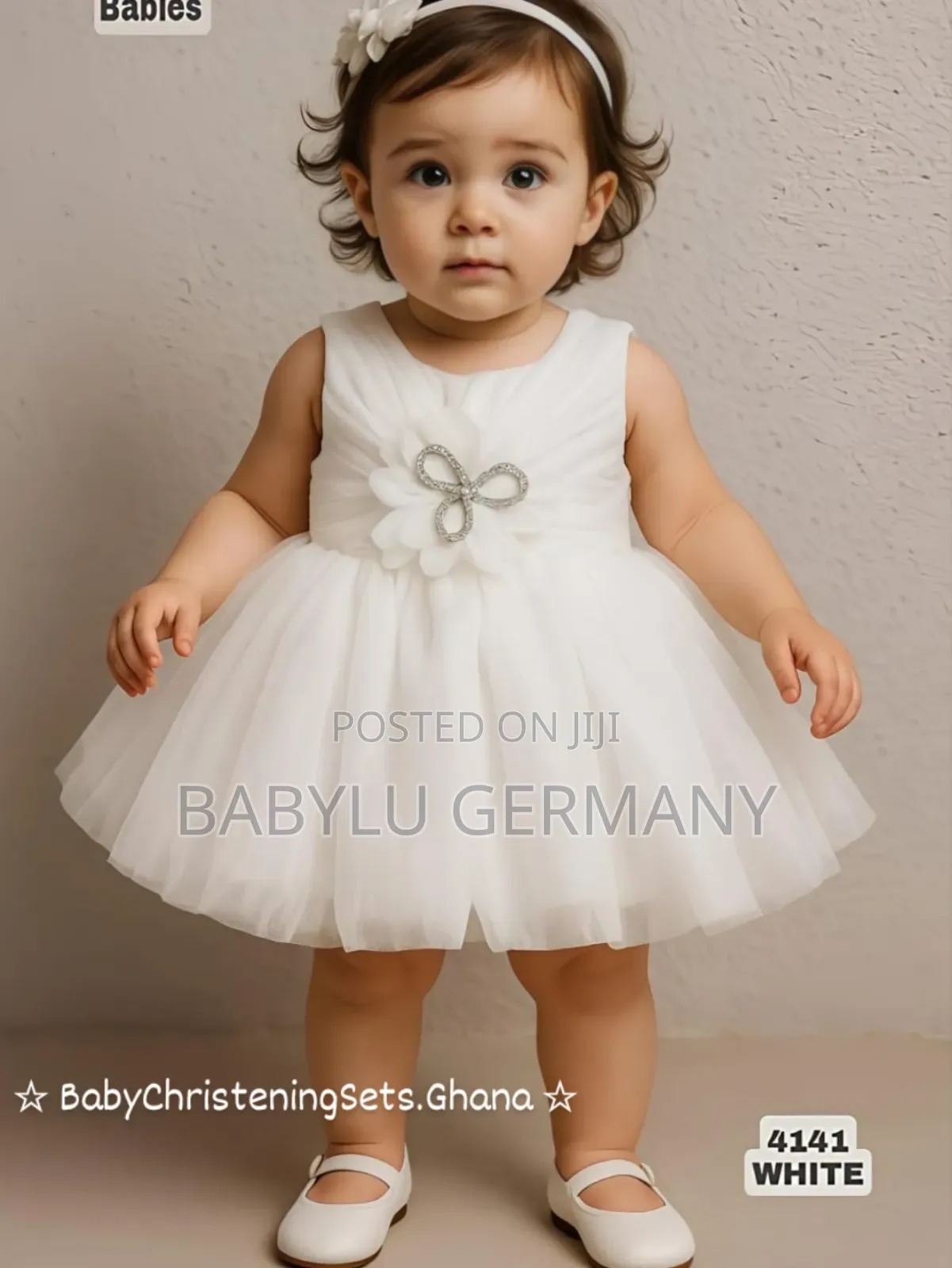 Newborn to 9 Months Old White Dress Set With Headband and Shoes