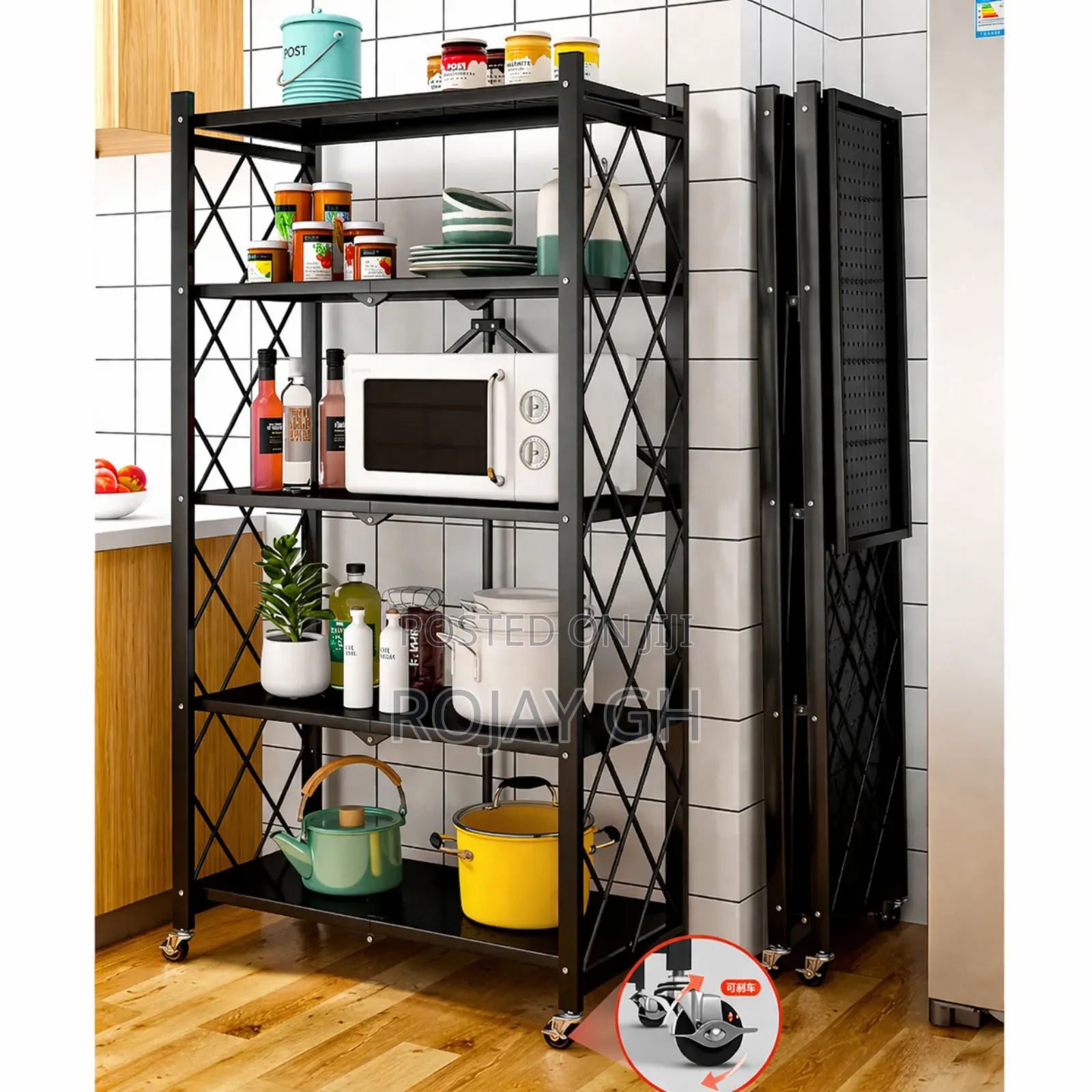 5-Tier Heavy Foldable Storage/Kitchen Duty Rack With Wheels - Black